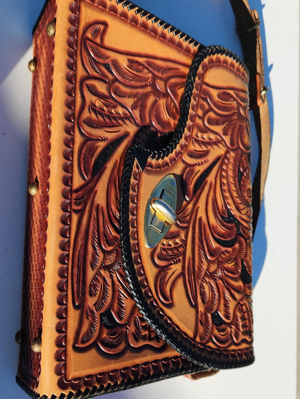Hand-Tooled Brown Leather Crossbody Bag